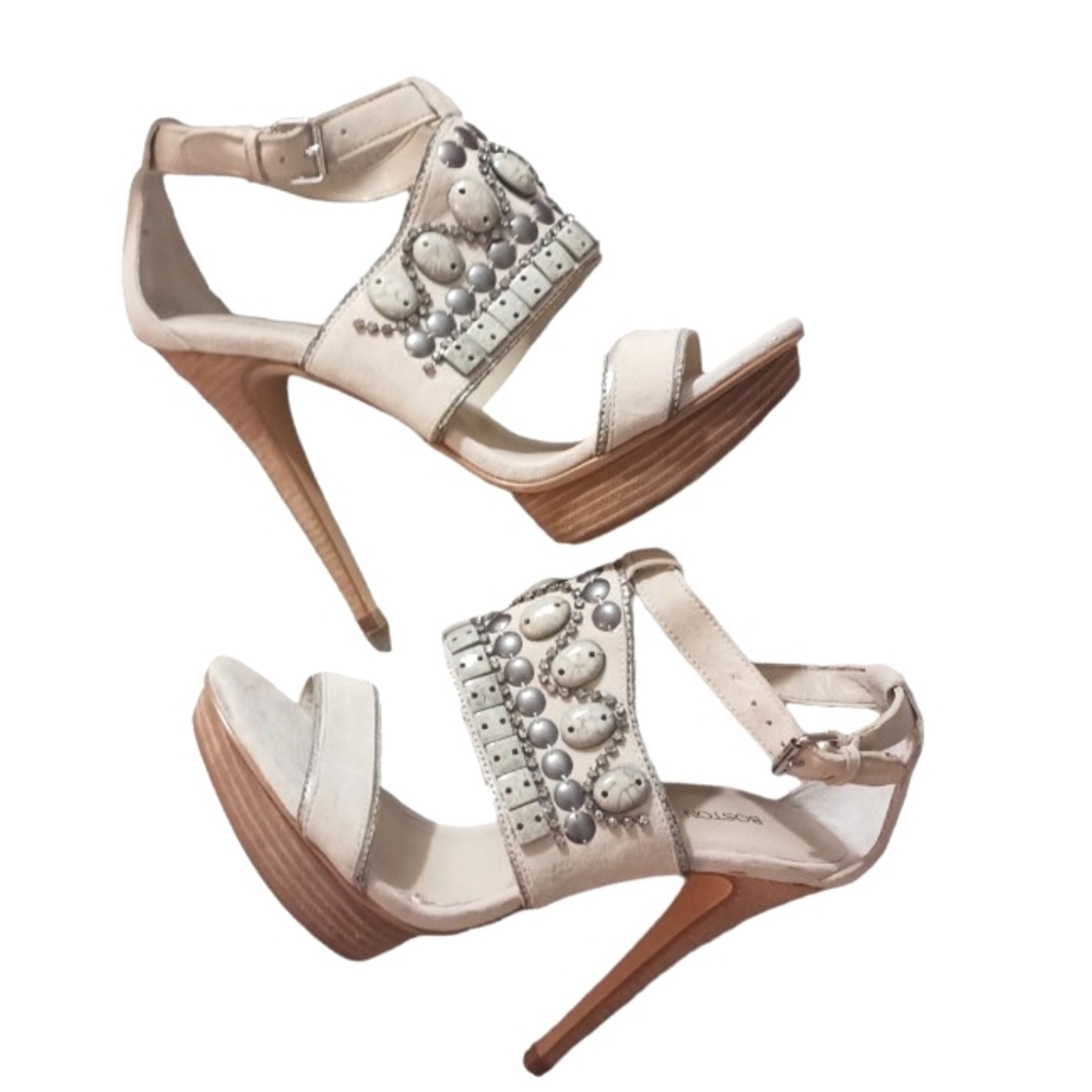 Boston Proper Silver Moon Platform Stiletto Heel Sandals Suede Cream/Gray Stone